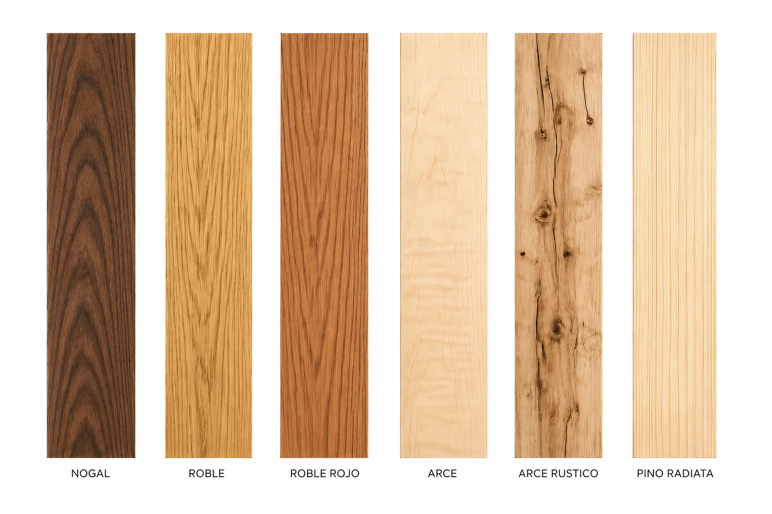 Nuancier de bois QWOOD : noyer, chêne, chêne rouge, érable, érable rustique et pin radiata